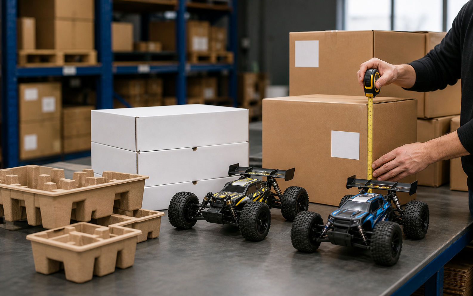 Illustrative RC car shipping preparation scene